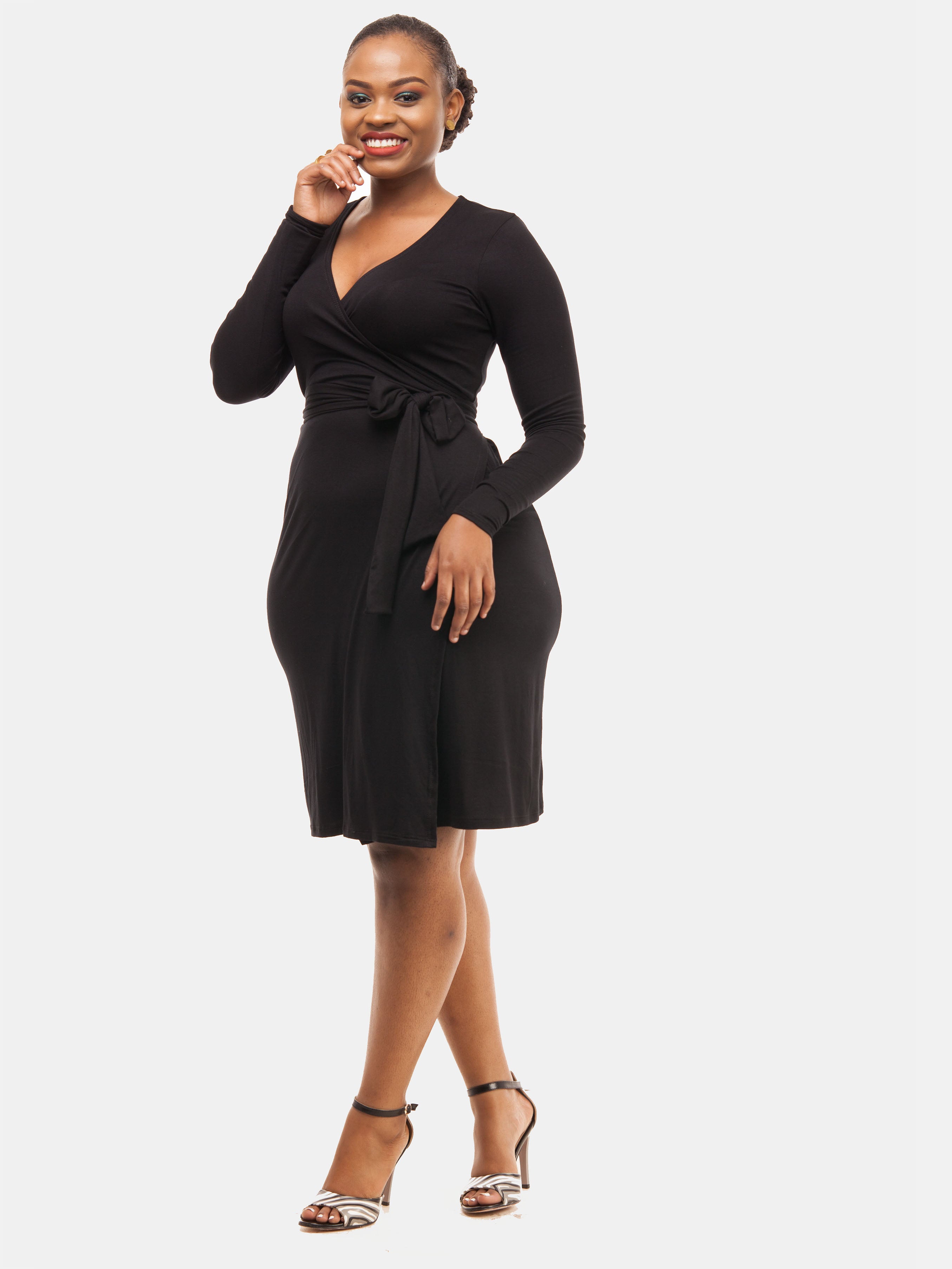 Vivo Long Sleeve Wrap Knee-Length Dress - Black