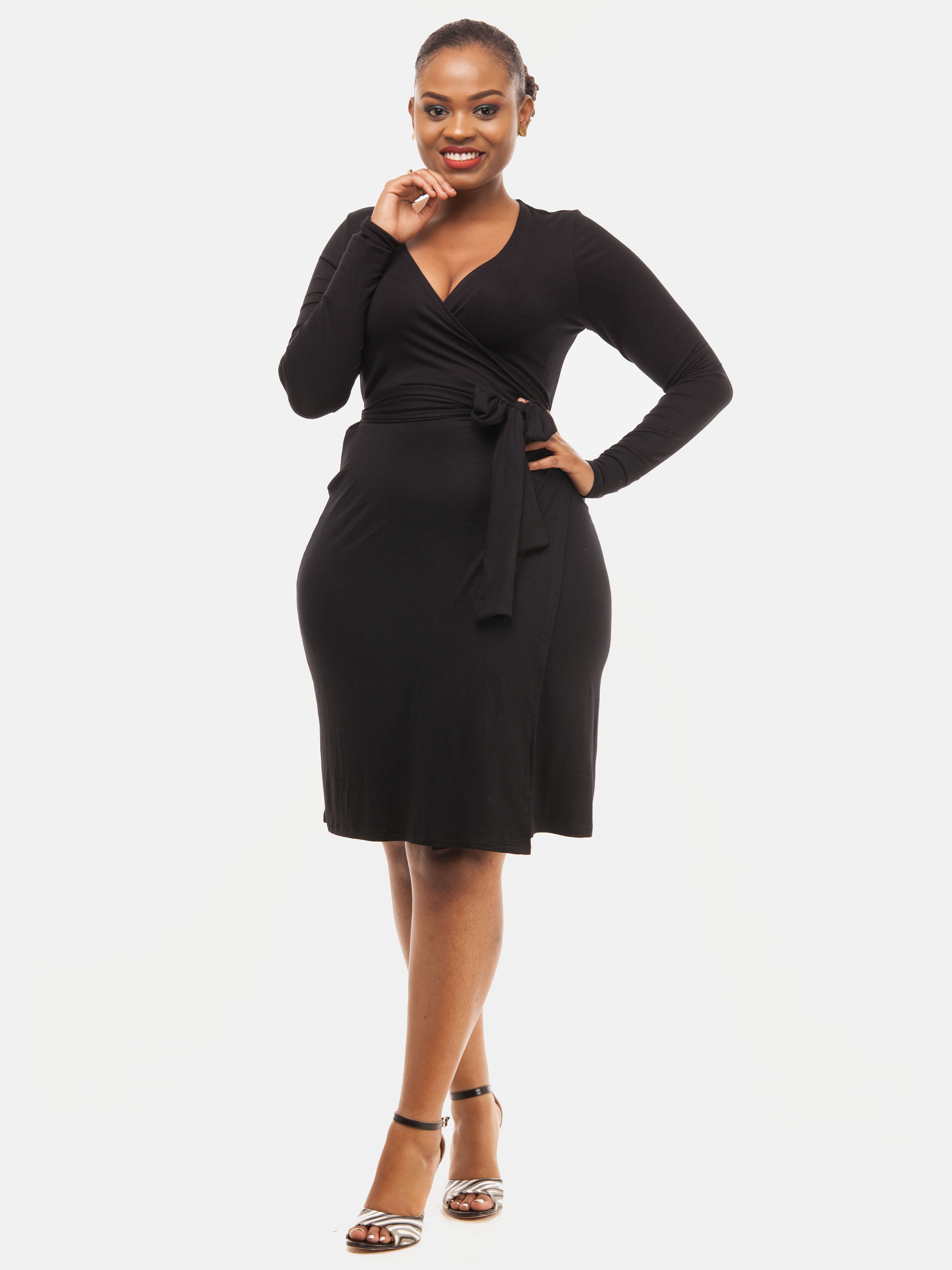 Vivo Long Sleeve Wrap Knee-Length Dress - Black